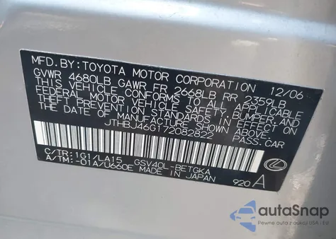 2007 Lexus Es 350 from USA, damaged, VIN JTHBJ46G172082822